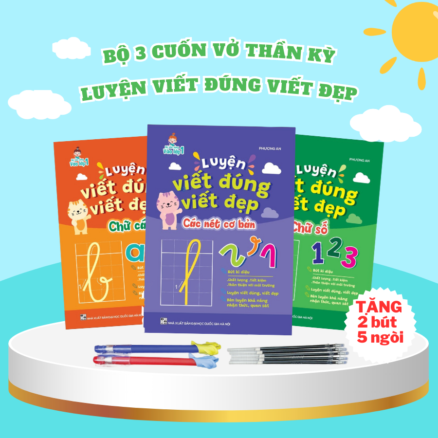 Sách - Bộ 3 Quyển Luyện Viết Thần Kỳ Tự Xóa Chữ Đẹp - Số Đẹp - Nét Cơ Bản - Tặng Bút Mực