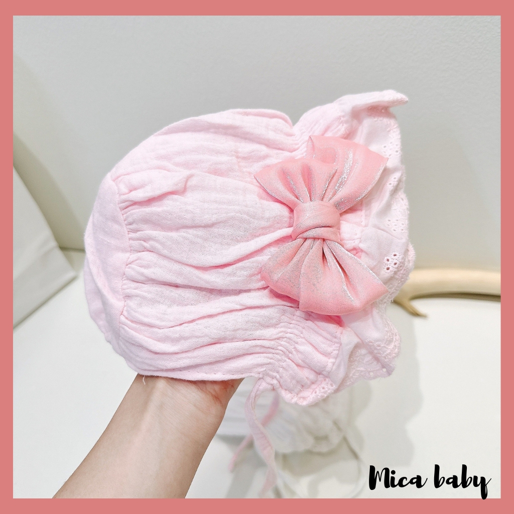 Mũ nón tai bèo công chúa xinh xắn, mũ tiểu thu đính nơ hồng đáng yêu cho bé MTT245 Mica baby