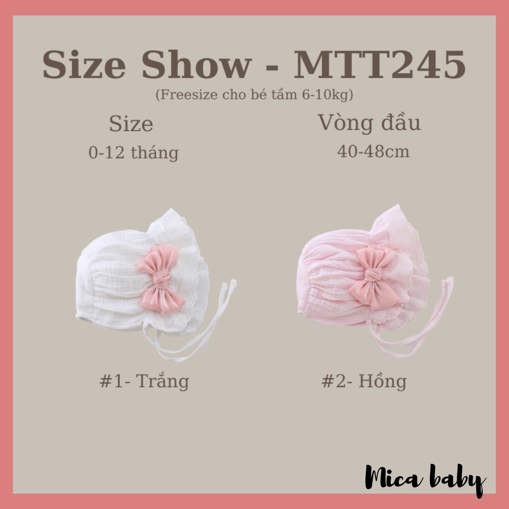 Mũ nón tai bèo công chúa xinh xắn, mũ tiểu thu đính nơ hồng đáng yêu cho bé MTT245 Mica baby