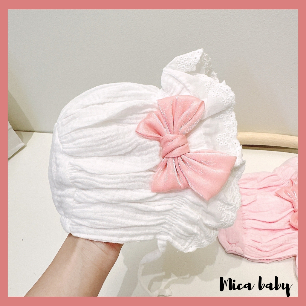 Mũ nón tai bèo công chúa xinh xắn, mũ tiểu thu đính nơ hồng đáng yêu cho bé MTT245 Mica baby