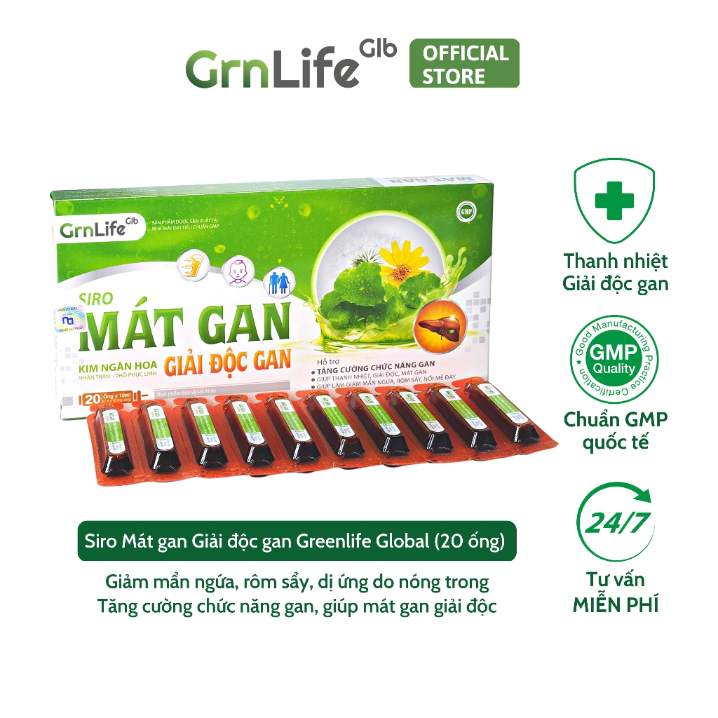 Mát gan giải độc GrnLife - Thải độc, thanh nhiệt cơ thể, hỗ trợ giảm mụn và nóng trong (hộp 20 ống siro)