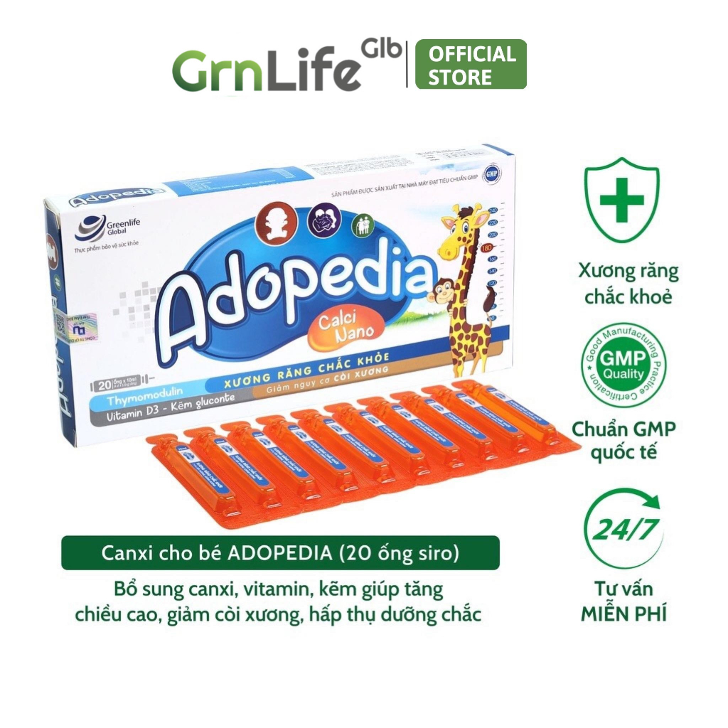 Canxi cho bé GrnLife Adopedia siro vị sữa - Giúp xương chắc khoẻ, tăng chiều cao vượt trội (hộp 20 ống)