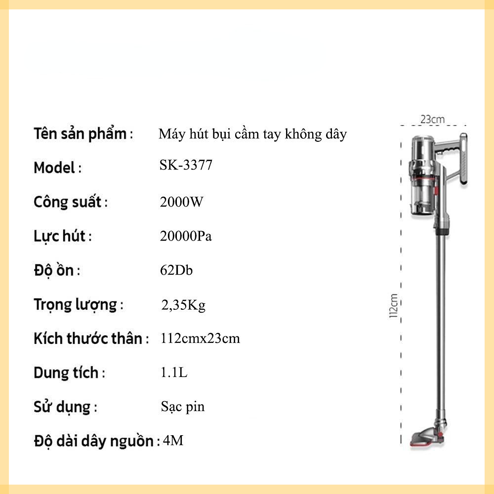 Máy hút bụi không dây cầm tay SOKANY 3377 - Lực Hút Mạnh, Dễ Dàng Di Chuyển Trong Nhà