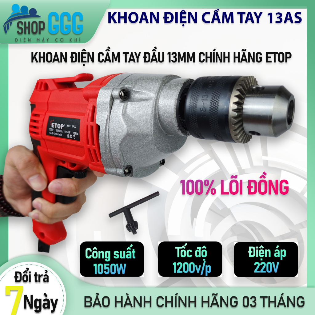 Máy khoan điện cầm tay 13AS ETOP 1050w, Có ĐẢO CHIỀU, ĐIỀU CHỈNH TỐC ĐỘ dùng công trình. Khoan vít, bắn tôn, khoan sắt