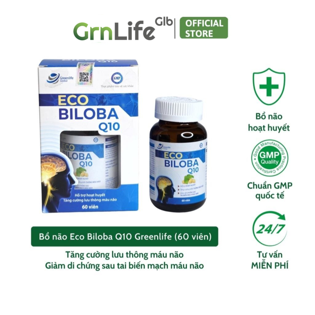 Viên uống bổ não GrnLife Eco Biloba Q10 Ginkgo 240mg - Lưu thông, tuần hoàn máu não (60 viên nang mềm)