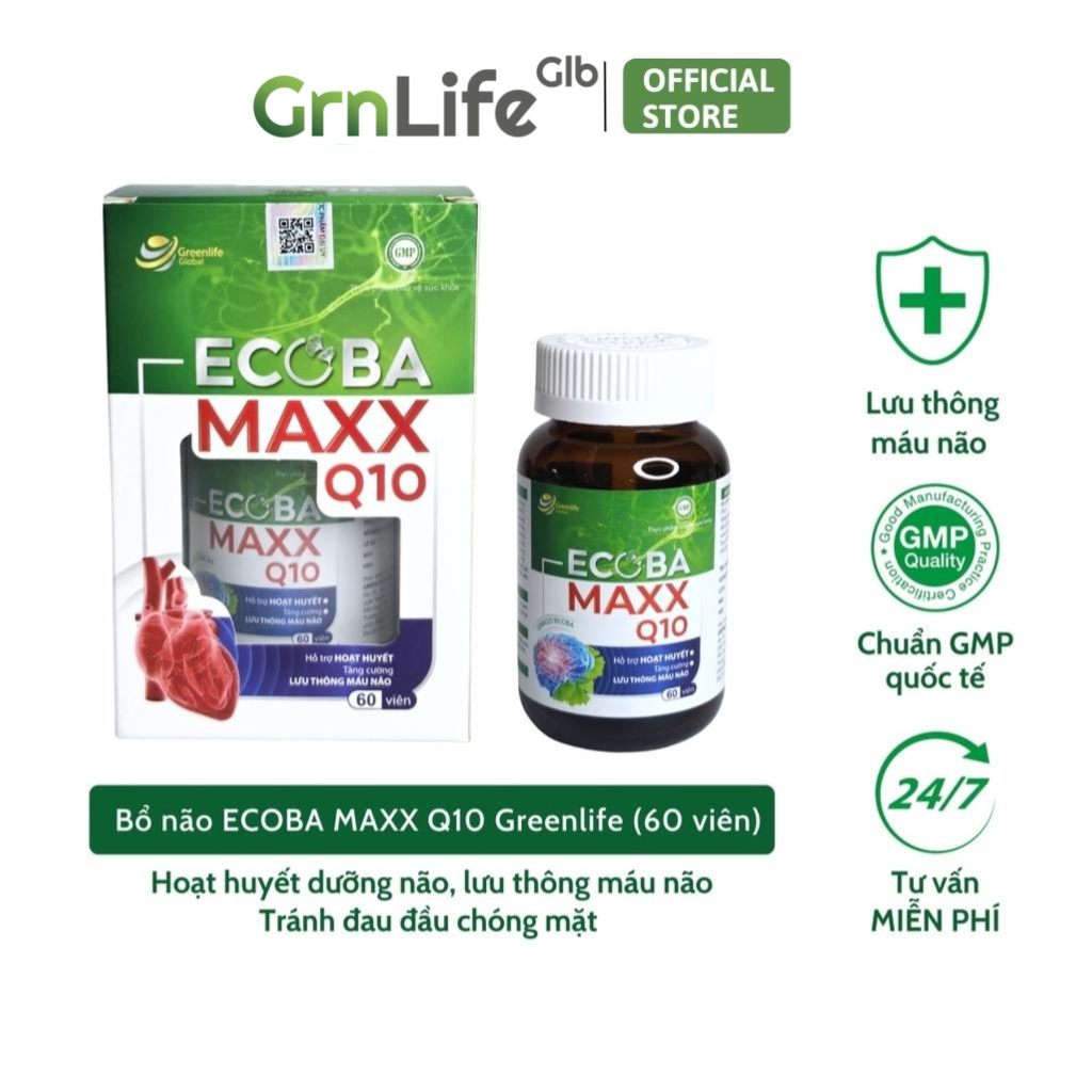 Viên uống bổ não GrnLife Ecoba Maxx Q10 Ginkgo 360mg - lưu thông, tuần hoàn máu não (60 viên nang mềm )