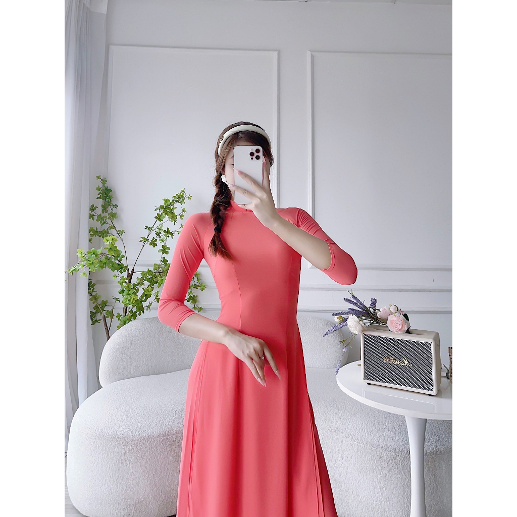 Áo dài nữ, áo dài trơn màu hồng cam lụa chi phông 4 tà trẻ trung tinh tế MÃ T21