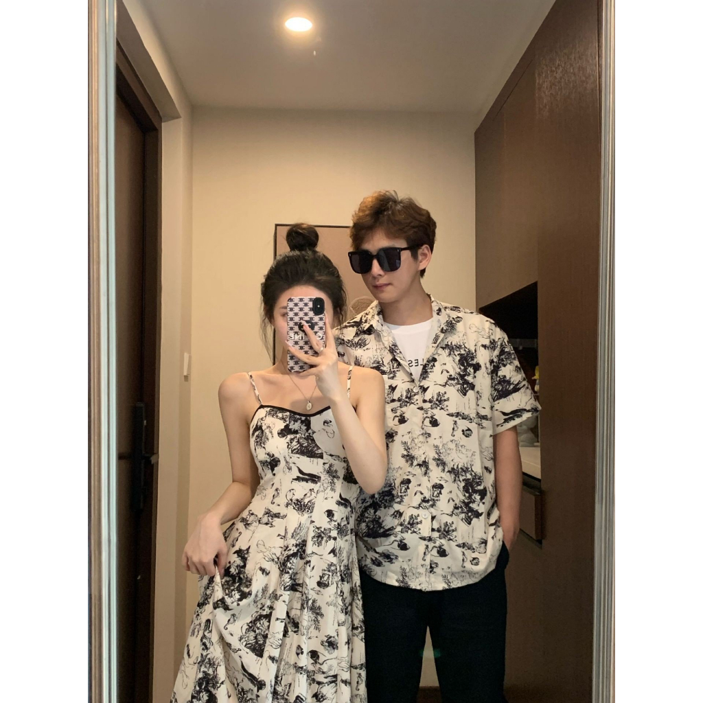 Set đồ đôi nam nữ couple áo sơ mi nam váy đầm hai dây nữ có đệm ngực màu loang hoạ tiết sang chảnh C093