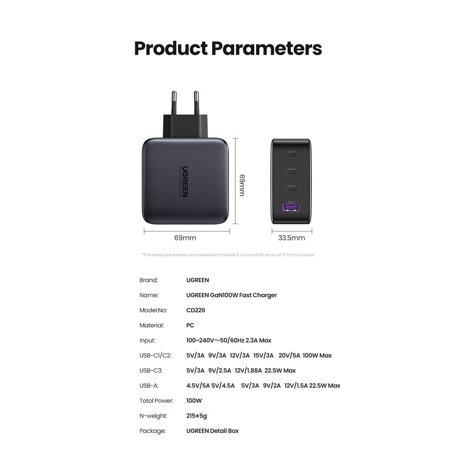 Cốc sạc nhanh GaN 100W USB-C USB-A thích hợp cho iPhone 11 12 13 14ProMax/ Xiaomi 13/ iPad Gen 9/ Samsung S23