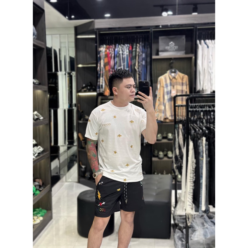 Áo Phông Nam GG Hoạ Tiết Thêu Nhỏ Full Áo Nổi Bật Hàng Cao Cấp Chất Cotton Dày Dặn