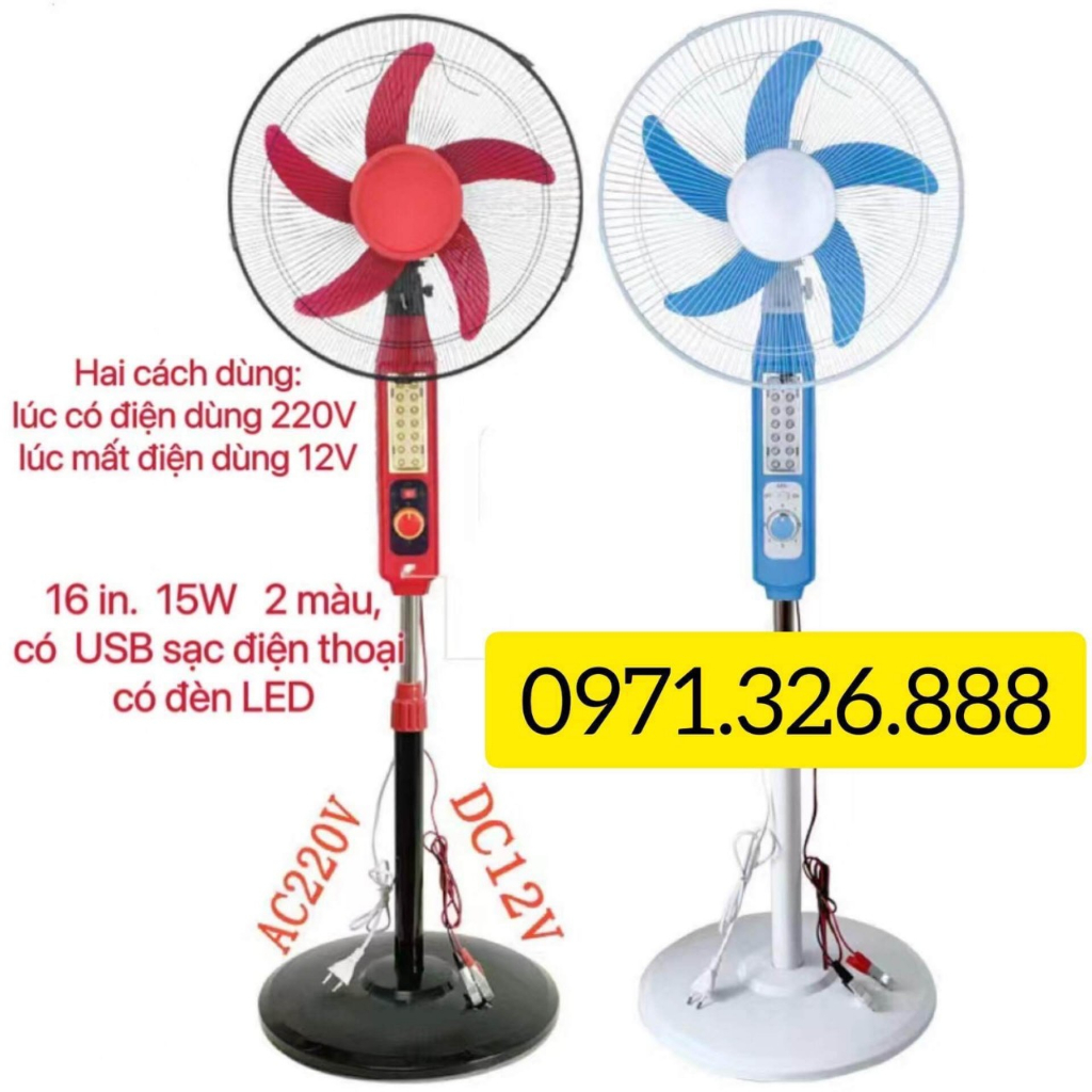 quạt kẹp bình ác quy 12v và lúc có điện chạy được 220v ( có USB sạc điện thoại , và có đèn LED )
