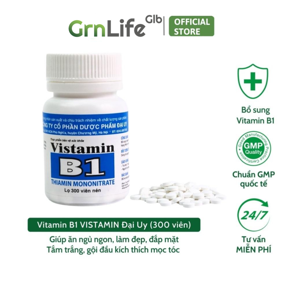 Vitamin B1 Đại Uy (lọ 300 viên nén) ăn ngủ ngon, làm đẹp, đắp mặt, dưỡng trắng , gội đầu kích mọc tóc