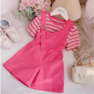 Quần yếm bé gái 15-55 catties bộ đồ ngắn tay hai mảnh phiên bản Hàn Quốc mùa hè 2024 cho bé gái