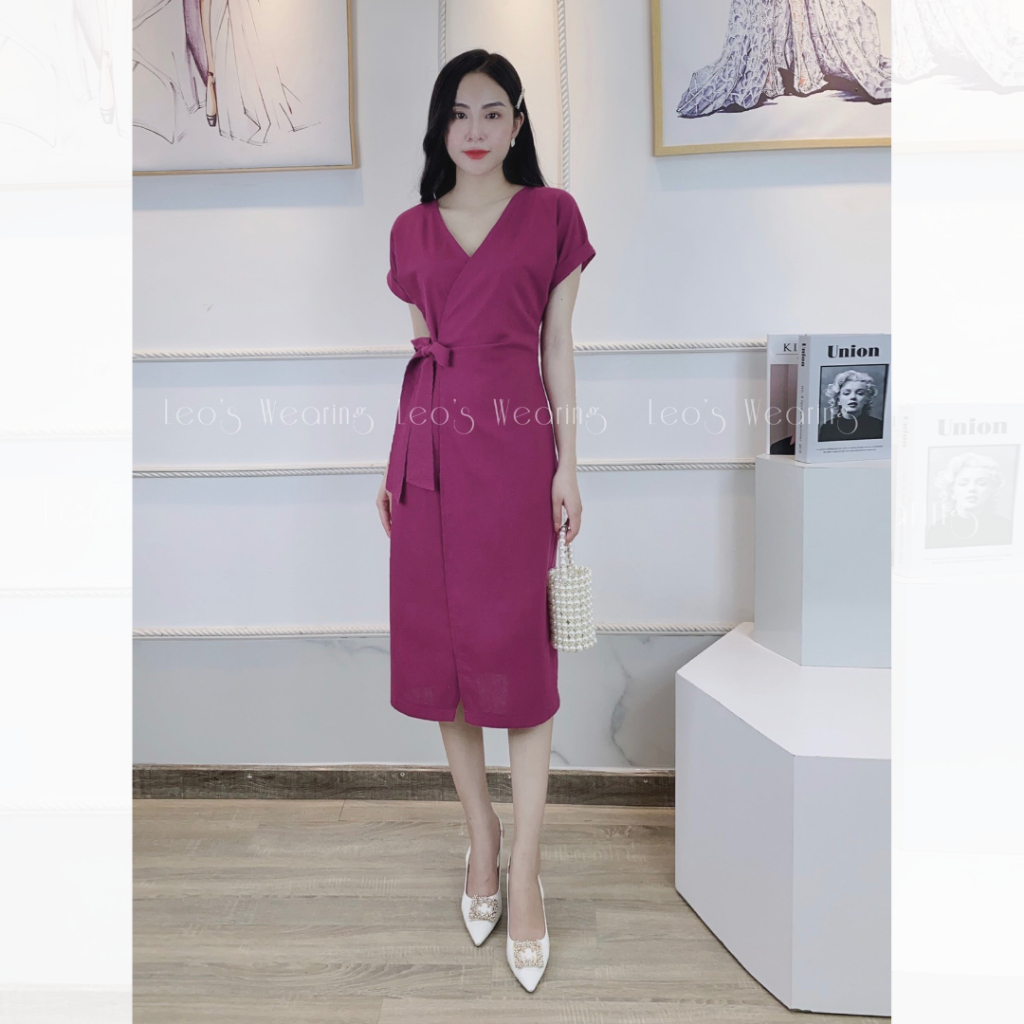 Đầm linen cổ V thắt đai eo thanh lịch dự tiệc công sở LEOSWEARING A366
