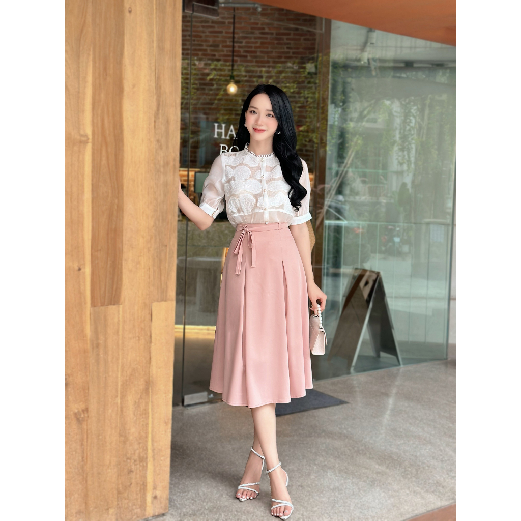 Sét áo tơ hoa tay lỡ phối chân váy midi chữ A màu hồng phấn nhẹ nhàng, thanh lịch A057,CV061