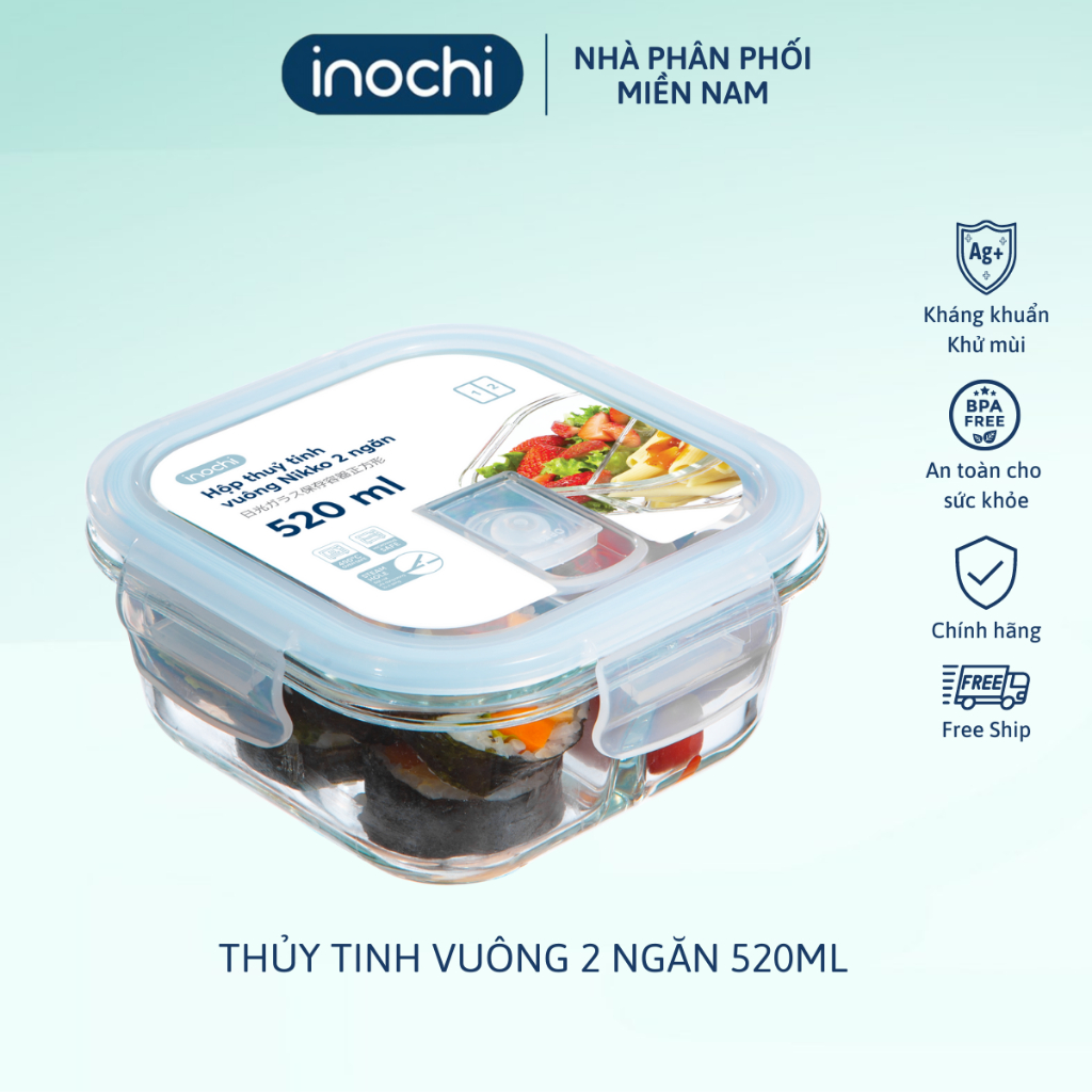 Hộp cơm thủy tinh vuông 2 ngăn 520 ml, đựng thức ăn văn phòng, thực phẩm, Inochi Nikko Nhật Bản, chịu nhiệt, Vạn Phúc