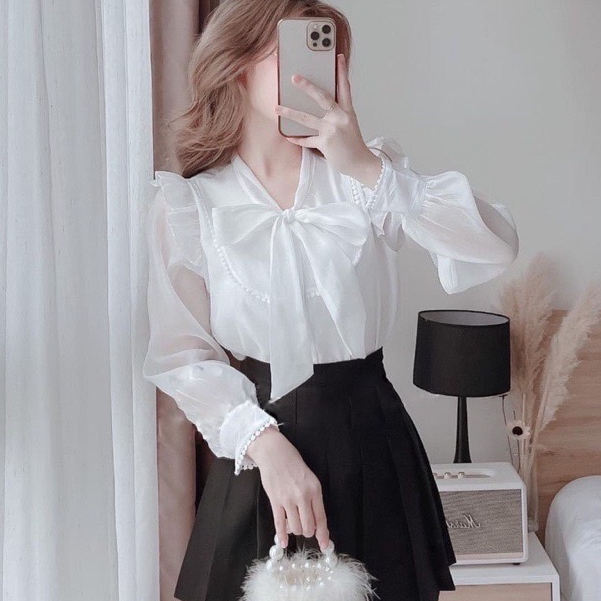 Áo sơ mi nữ kiểu dài tay tiểu thư bánh bèo cổ nơ phối ren from rộng màu trắng áo sơ mi kiểu tay bo phồng công sở đi học