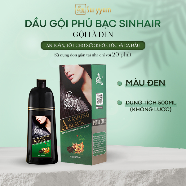 Dầu gội phủ bạc sin hair màu đen không hoá chất, phủ bạc ngay lần đầu tiên chai 500ml