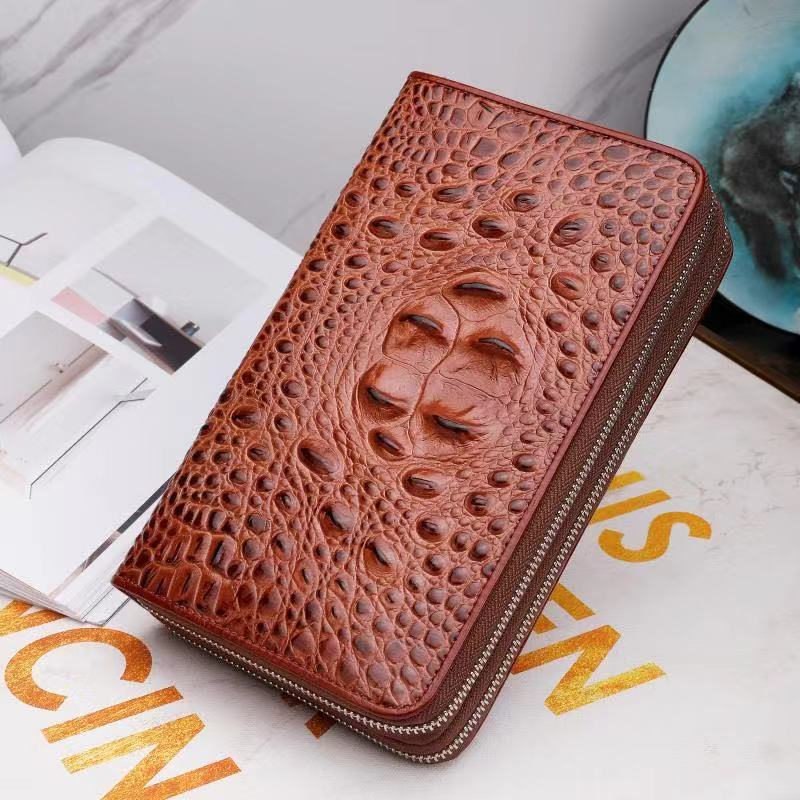 Clutch cầm tay nam da bò thật vân cá sấu 2 ngăn khóa CL150 (Nâu) - 100% da thật, bảo hành 3 năm