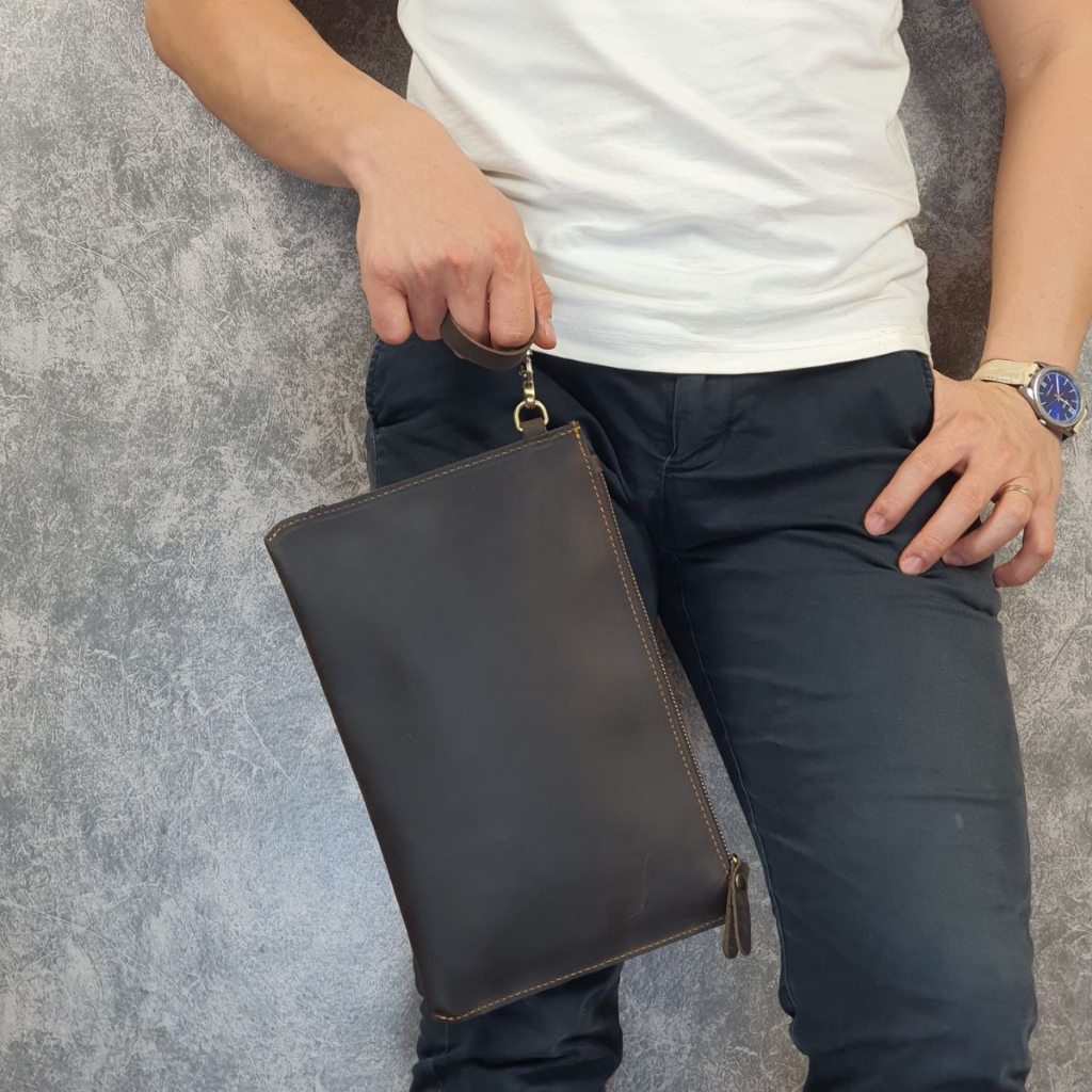 Clutch cầm tay nam da bò sáp CL152  - 100% da thật, bảo hành 3 năm