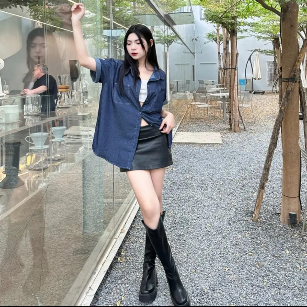 Sơmi denim nữ nam tay ngắn thời trang vintage vải cotton dày dặn Wepretty Clothes