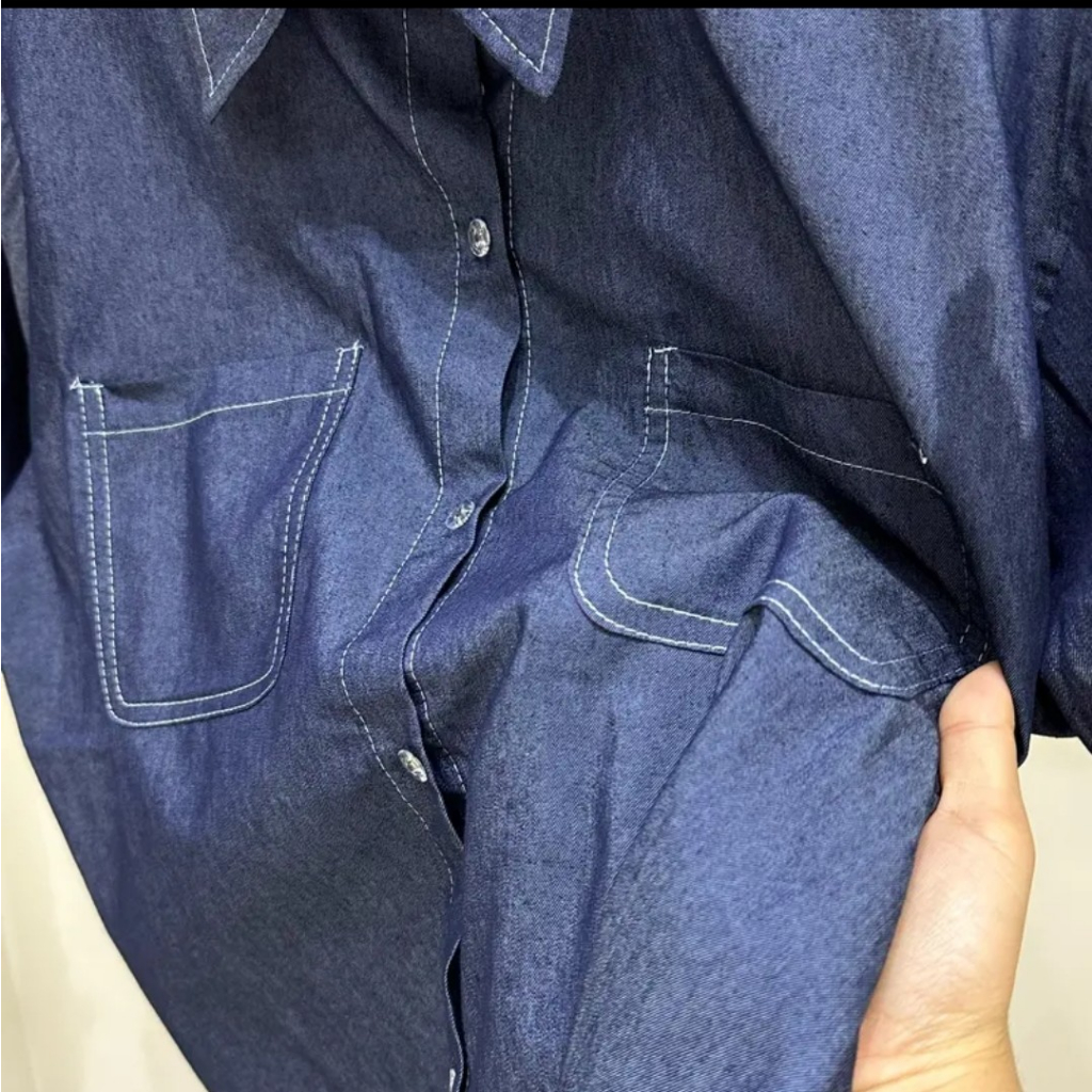 Sơmi denim nữ nam tay ngắn thời trang vintage vải cotton dày dặn Wepretty Clothes