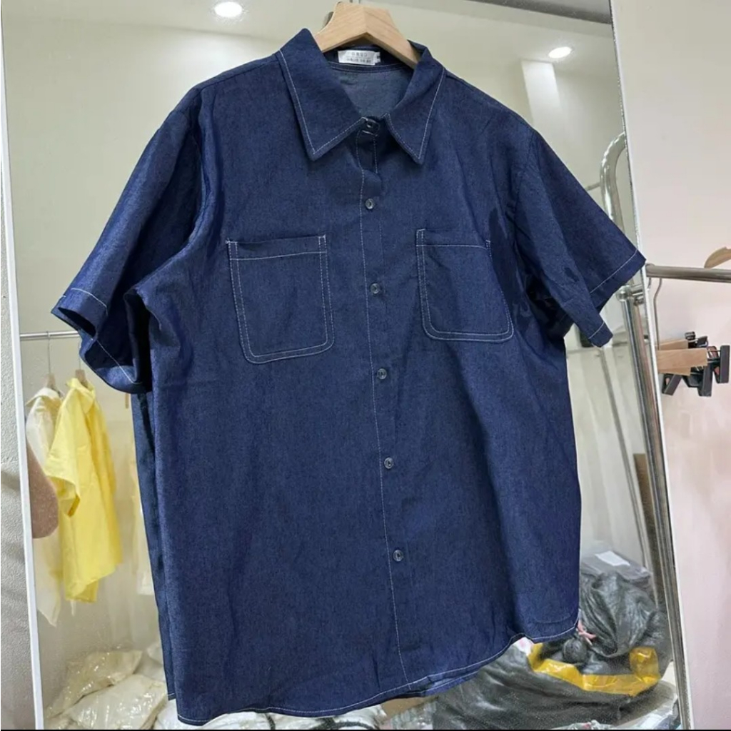 Sơmi denim nữ nam tay ngắn thời trang vintage vải cotton dày dặn Wepretty Clothes