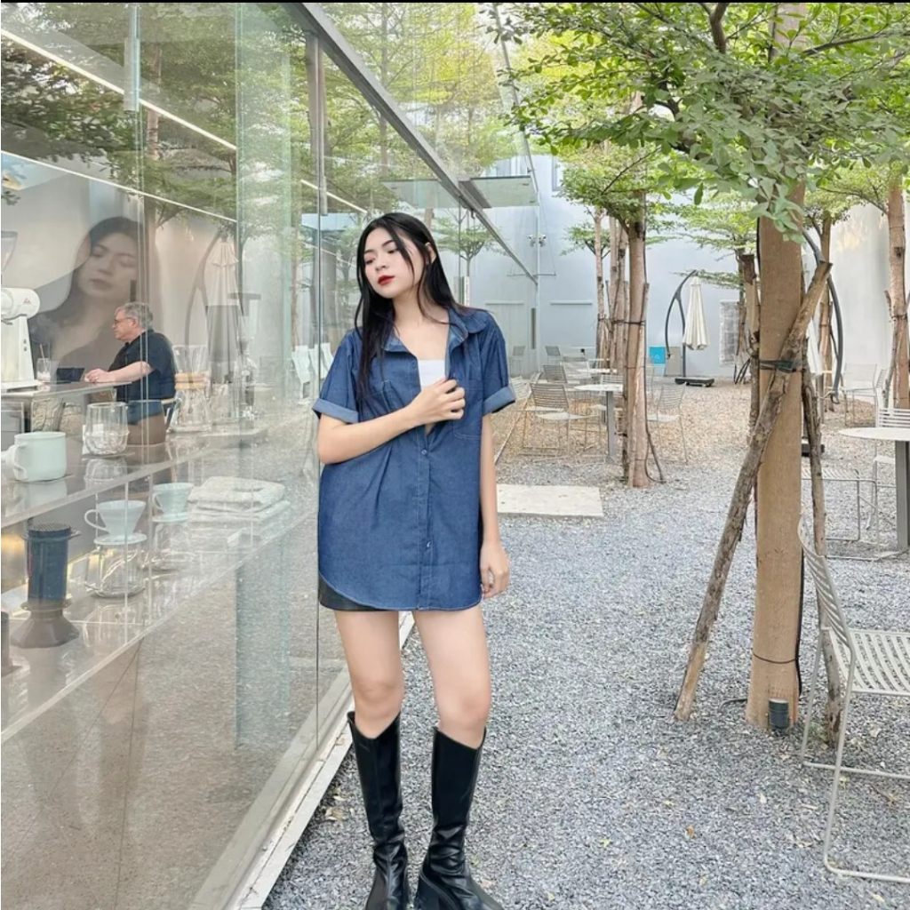 Sơmi denim nữ nam tay ngắn thời trang vintage vải cotton dày dặn Wepretty Clothes