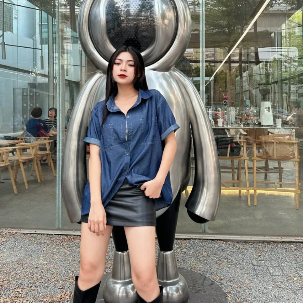 Sơmi denim nữ nam tay ngắn thời trang vintage vải cotton dày dặn Wepretty Clothes