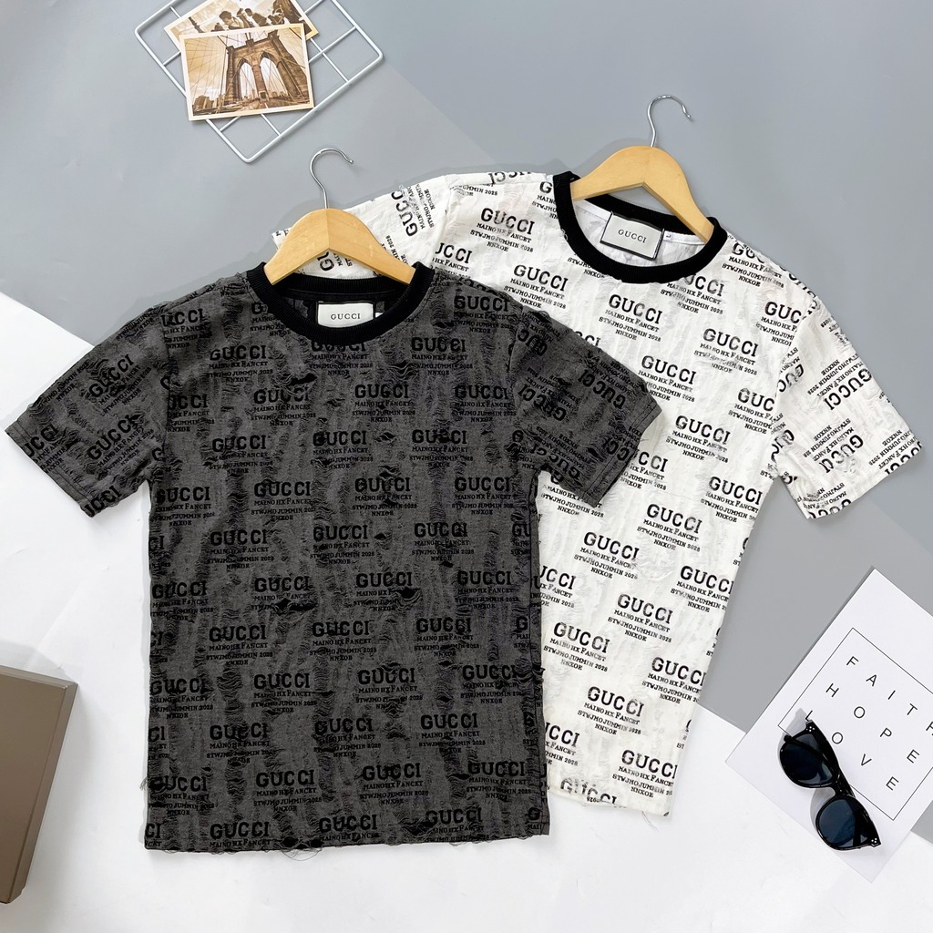 Áo thun nam cổ tròn, áo nam nữ cổ tròn tay ngắn in chữ GC, họa tiết phối rách chất cotton nhung mềm mịn