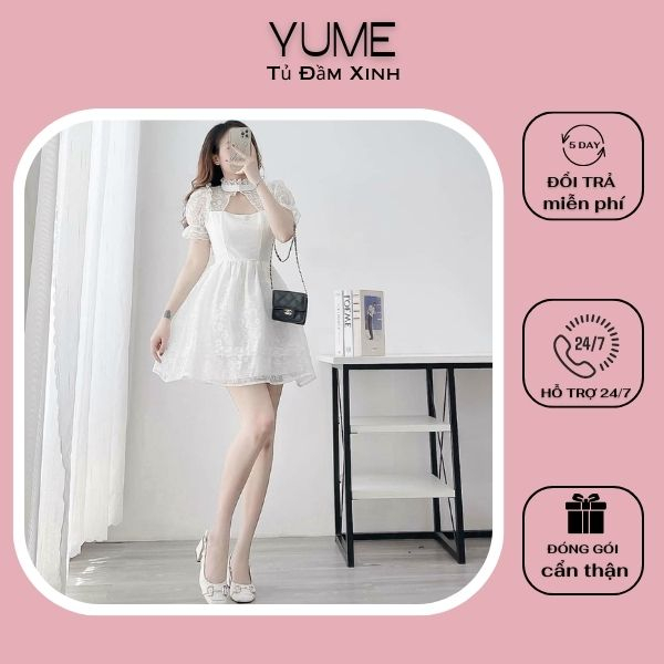 Đầm Trắng Tiểu Thư Hoa Nổi Khoét Ngực Cực Xinh - YUME Y0633