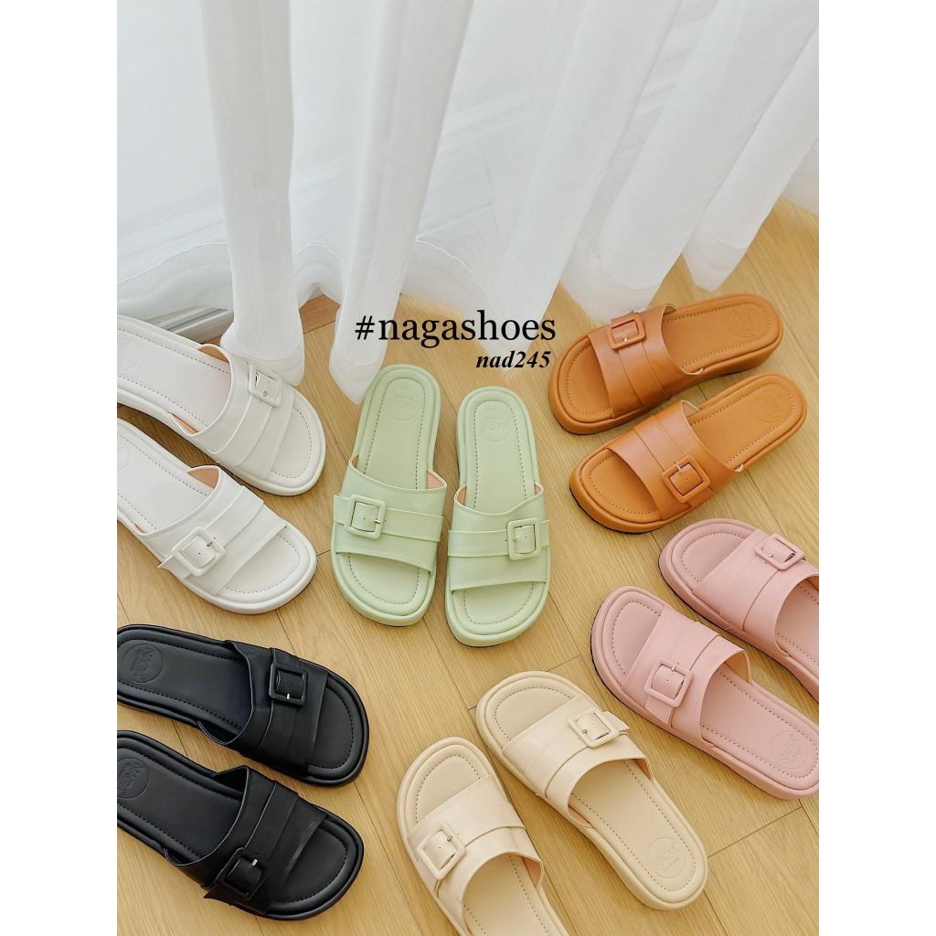 DÉP NAGASHOES ĐẾ BÁNH MÌ QUAI NGANG KHÓA VUÔNG 4P NAD245