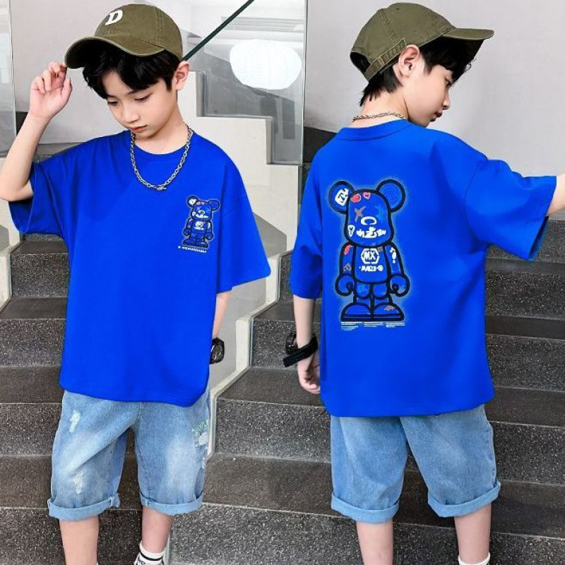 Áo Phông Bé Trai Bé Gái 20-50kg Cộc Tay In Hình Gấu Cá Tính phong cách Hàn Quốc áo trẻ em 5-15 tuổi Hottrend mùa hè 2023