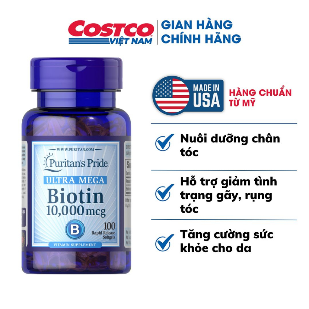 Viên uống Ultra Mega Biotin 10000 mcg 100 viên Puritan's Pride giúp mọc tóc, giảm rụng tóc của Mỹ