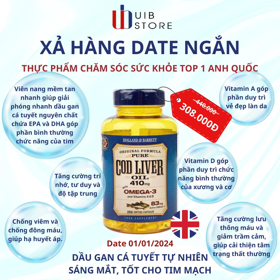 Dầu Gan Cá Tuyết Holland & Barrett Cod Liver Oil 250 Capsules 410mg