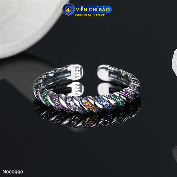 Nhẫn bạc nữ viền xoắn đá cầu vồng chất liệu bạc Thái 925 thời trang phụ kiện trang sức Viễn Chí Bảo N000990