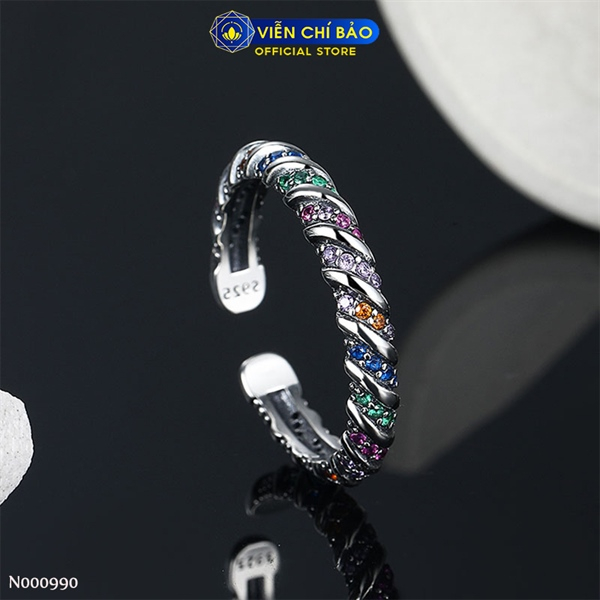 Nhẫn bạc nữ viền xoắn đá cầu vồng chất liệu bạc Thái 925 thời trang phụ kiện trang sức Viễn Chí Bảo N000990