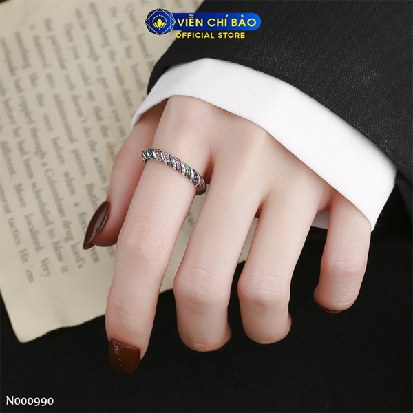 Nhẫn bạc nữ viền xoắn đá cầu vồng chất liệu bạc Thái 925 thời trang phụ kiện trang sức Viễn Chí Bảo N000990