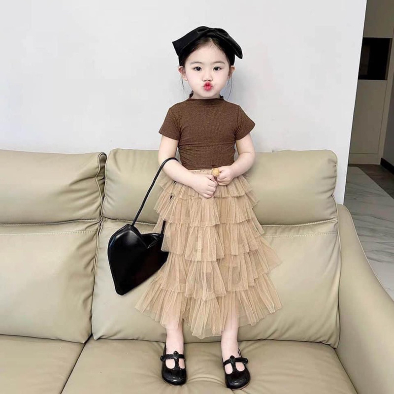 Set áo tăm nâu chân váy ren tầng bé gái 10-28kg
