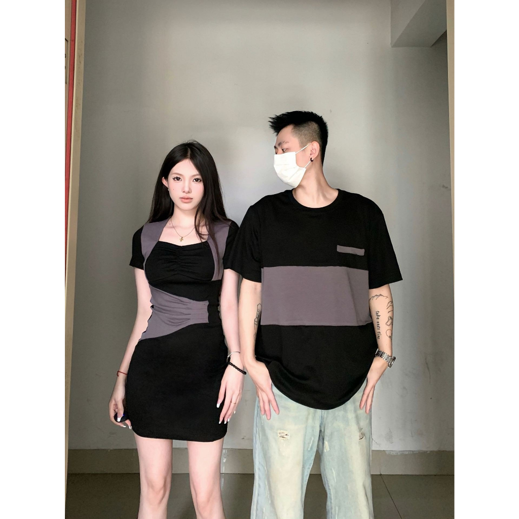Đồ cặp nam nữ couple set áo phông váy đầm ôm body đen phối màu sang chảnh chất cotton cao cấp hàng Quảng Châu C094