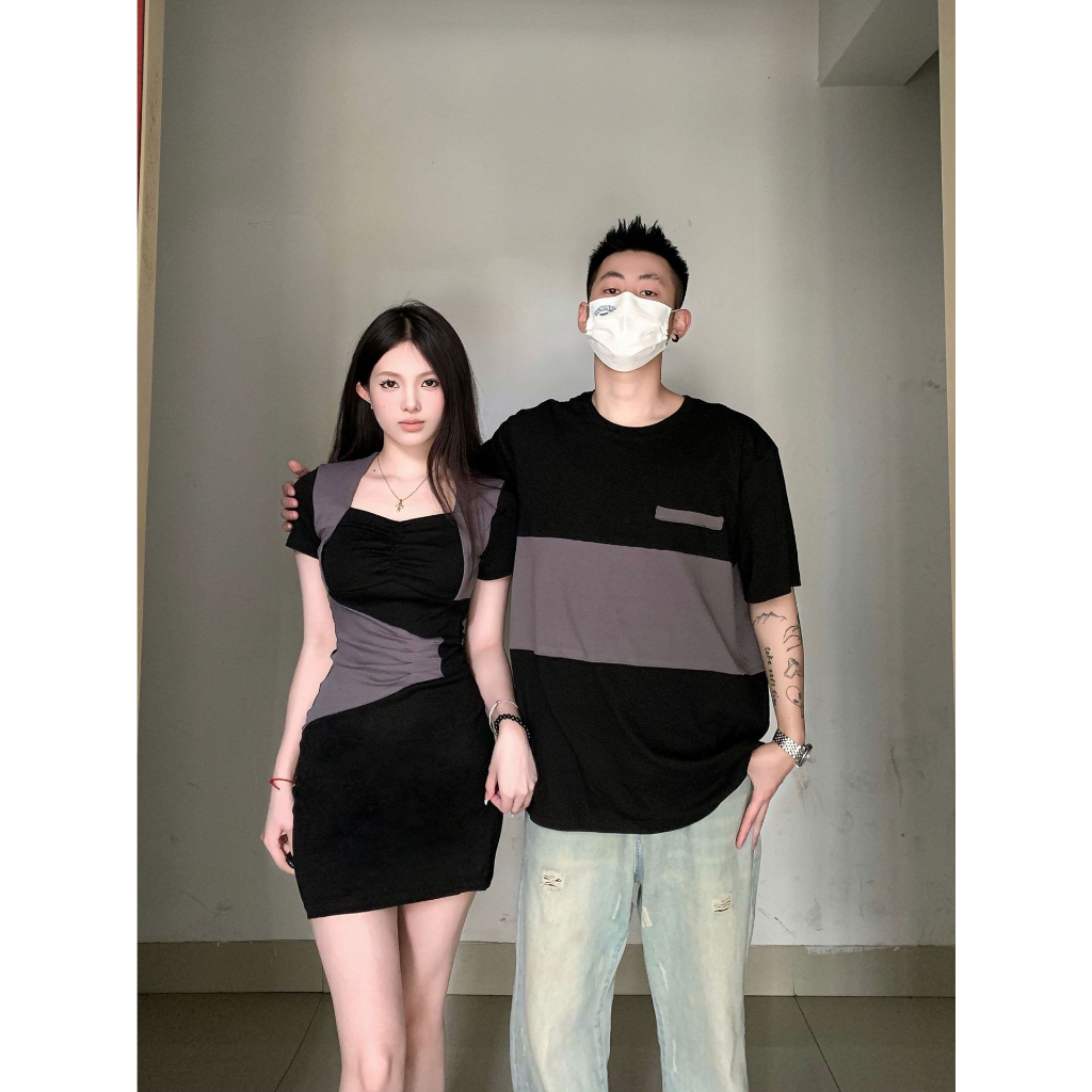 Đồ cặp nam nữ couple set áo phông váy đầm ôm body đen phối màu sang chảnh chất cotton cao cấp hàng Quảng Châu C094