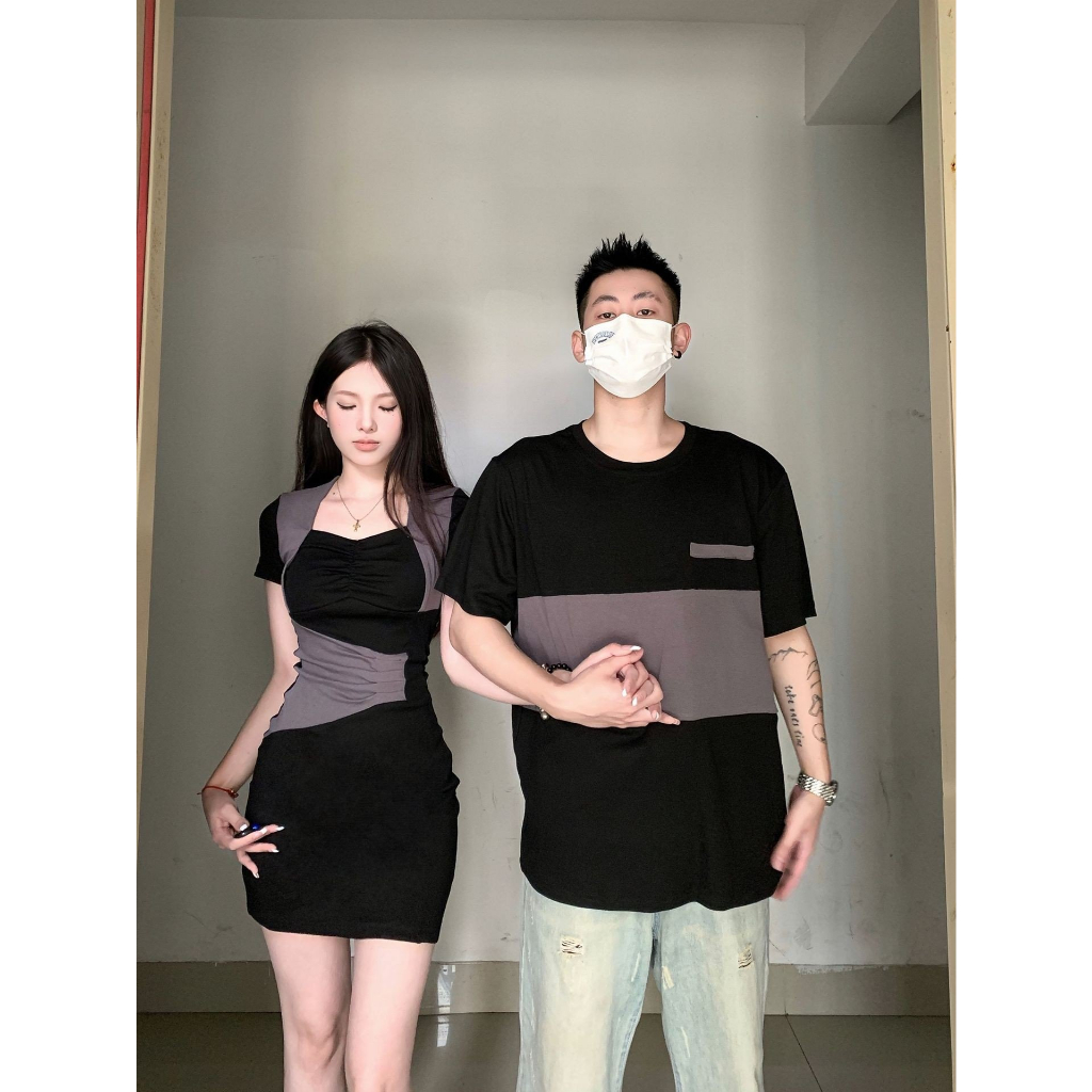Đồ cặp nam nữ couple set áo phông váy đầm ôm body đen phối màu sang chảnh chất cotton cao cấp hàng Quảng Châu C094