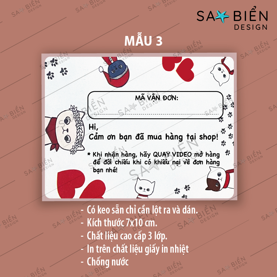 Combo 5 Tem nhãn dán/ Sticker Mã vận đơn, phiếu giao hàng hình gấu cute, có keo sẵn cho shop bán hàng, 70x100mm