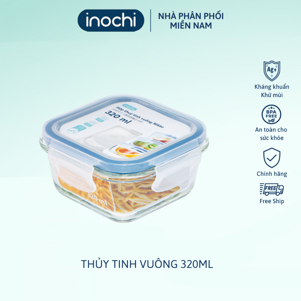 Hộp thuỷ tinh vuông Nikko 320 ml thiết kế nút thoát hơi nước chịu nhiệt 400 độ C, chống rỉ nước