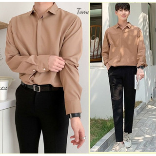 Áo sơ mi nam dài tay giấu cúc kiểu dáng hơi xuông vải cotton lụa