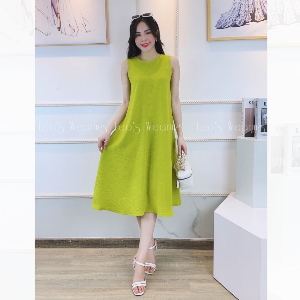 Đầm sát nách dáng dài có túi vải đũi màu xanh cốm LEOSWEARING D12