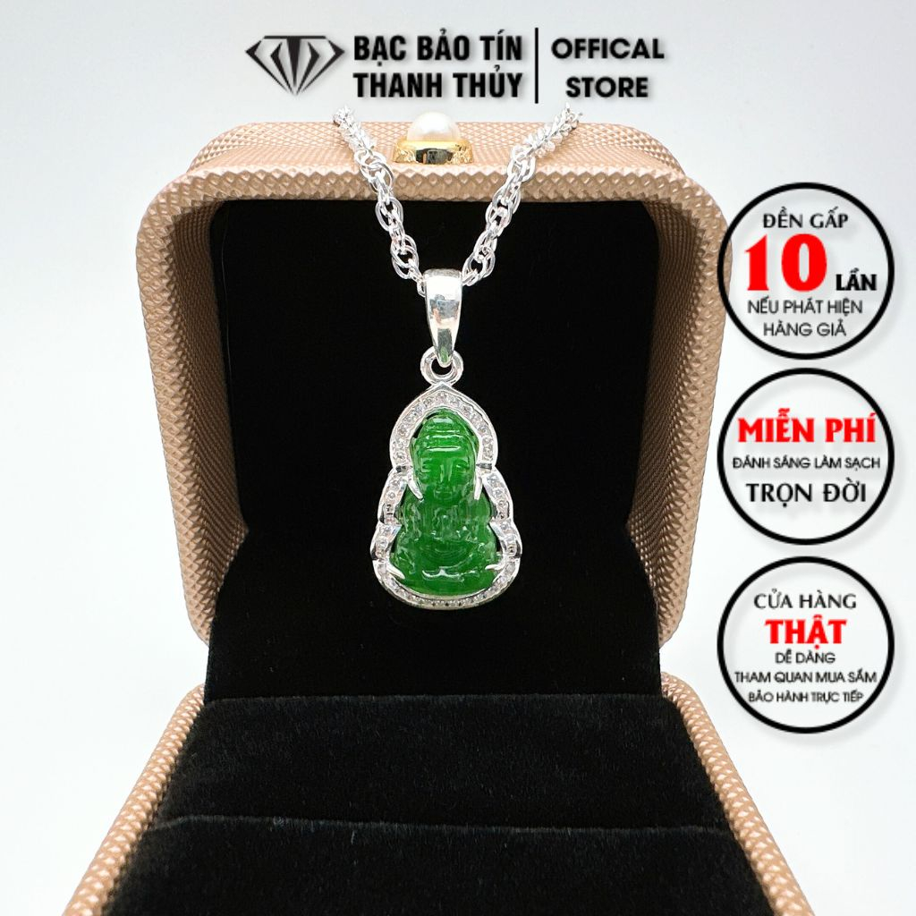 Mặt dây chuyền bạc mặt phật đá xanh bọc bạc viền gắn đá Cz trắng Bảo Tín Thanh Thủy, chất liệu bạc ta nguyên chất