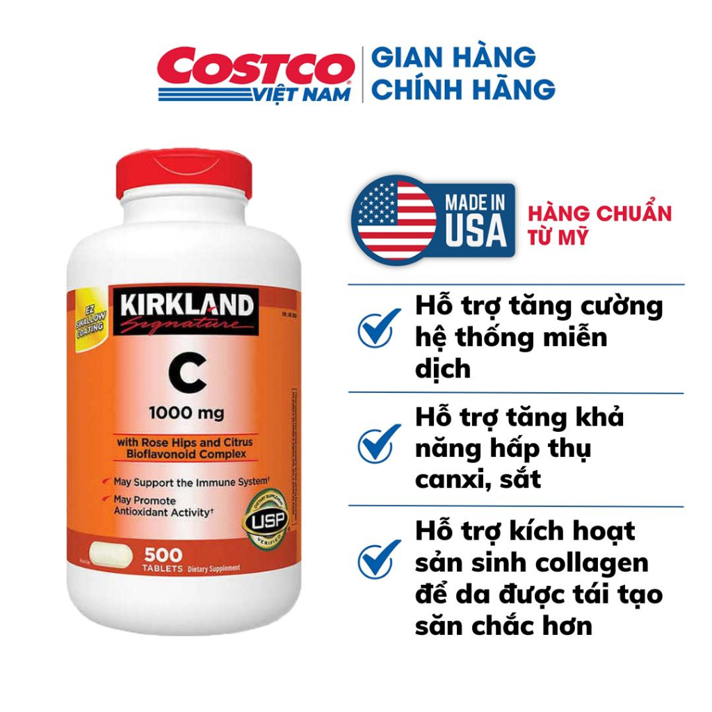 Viên uống bổ sung Vitamin C 1000mg 500 viên Kirkland Signature tăng sức hệ miễn dịch của Mỹ