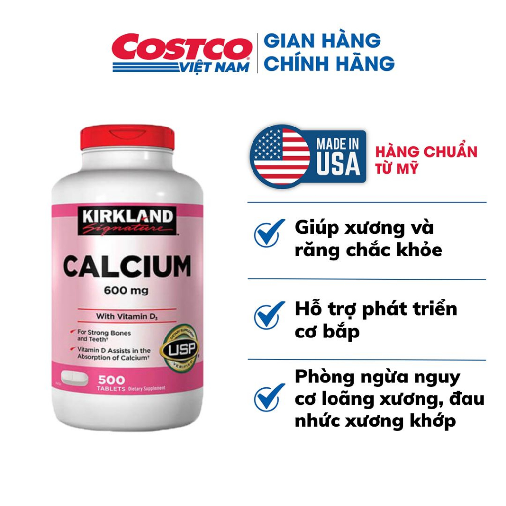 Viên uống bổ sung canxi 500 viên Kirkland Signature Calcium 600mg + D3 giúp xương chắc khỏe, phòng chống loãng xương