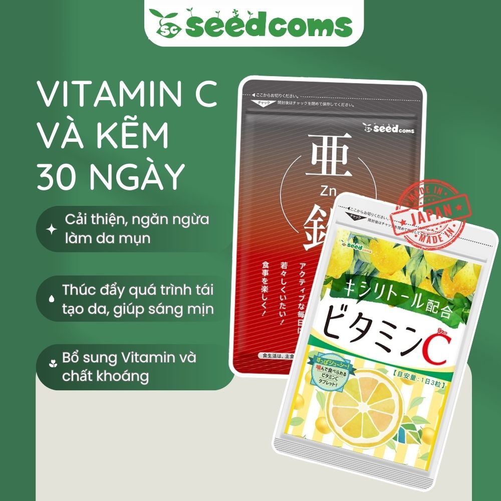 Combo Viên uống Seedcoms Ngừa mụn - Mờ thâm 30 Ngày (Kẽm 30 viên & Vitamin C 90 viên) - Seedcoms